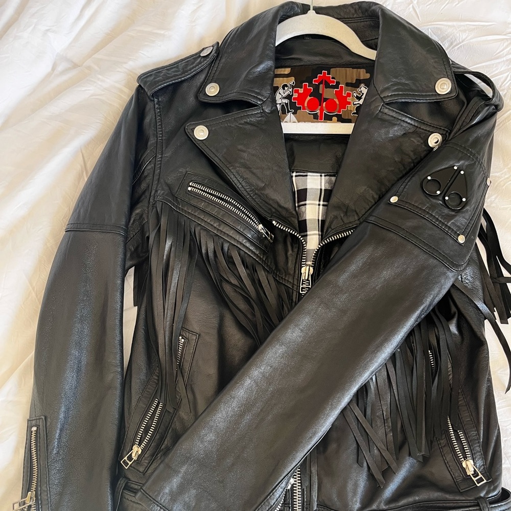 Moose Knuckles Black Fringe Leather Motorcycle Jacket